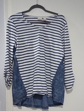 Chico's Navy & White Striped Long-Sleeve Top with Denim Panels Size 2